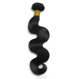 A wavy black hair extension with a gold band.