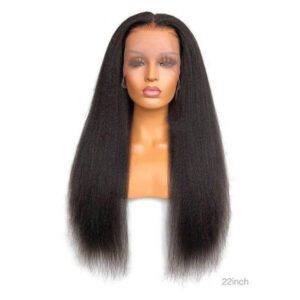 Mannequin head with long, straight black hair wig.