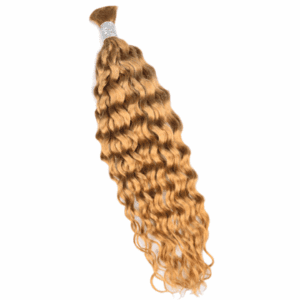 A bundle of long, curly, light brown hair extensions.