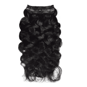 Curly black hair extension piece with a natural shine.