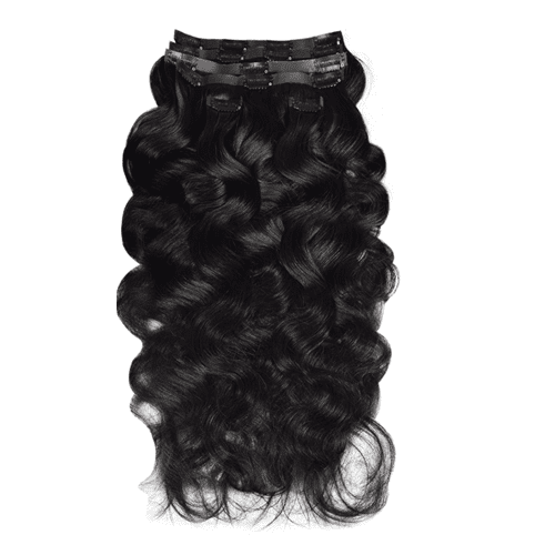 Curly black hair extension piece with a natural shine.