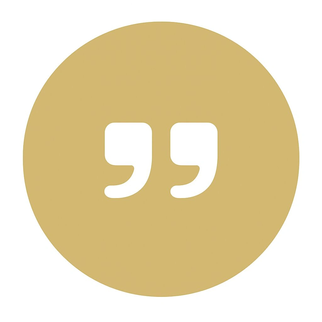 Gold circle with white quotation marks inside.