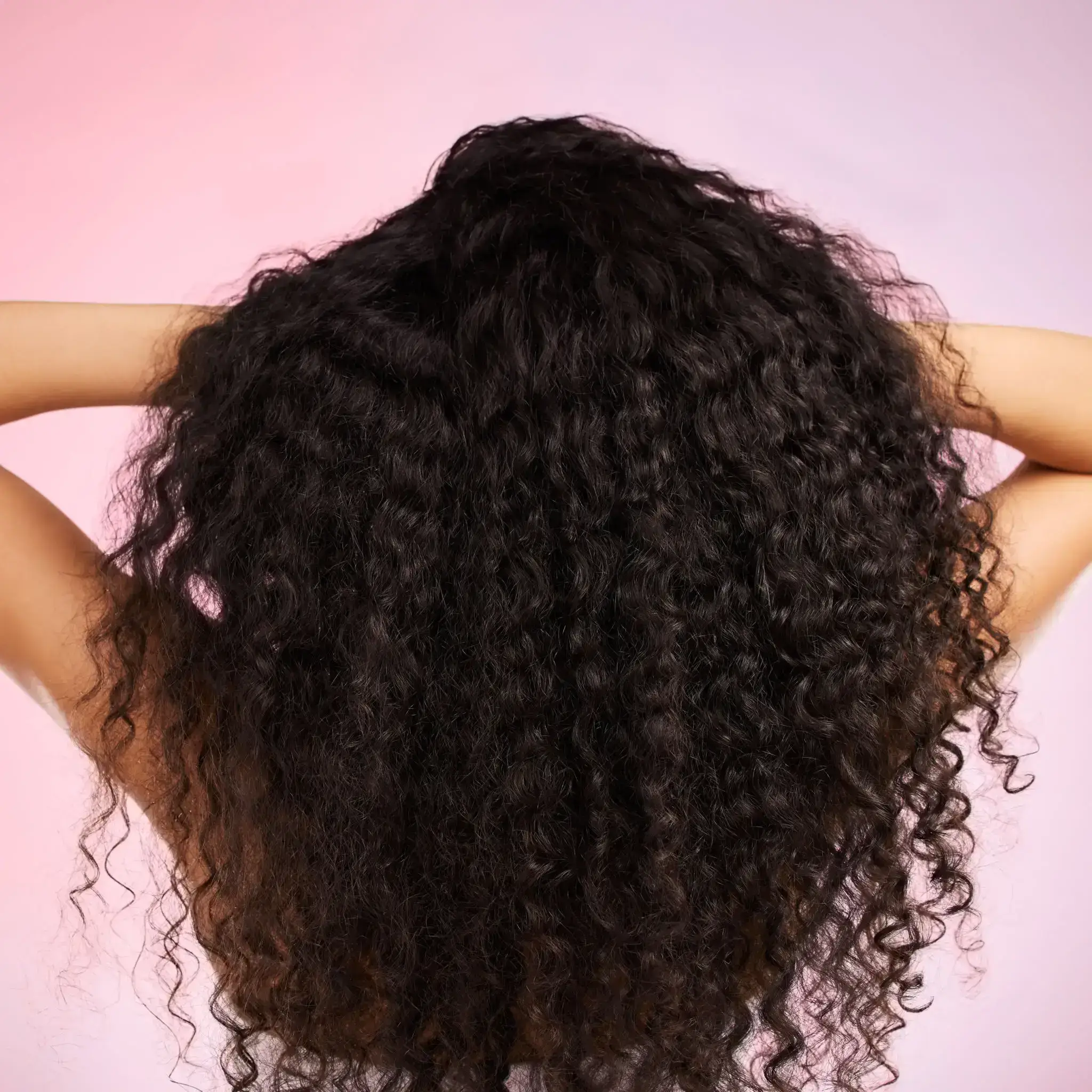 Person with long, curly hair viewed from the back against a pink background.