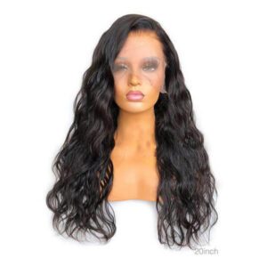 Long black wavy hair wig on a mannequin head.