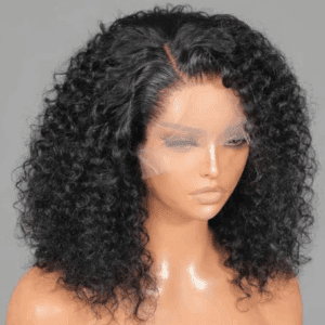 A mannequin head wearing a curly black lace front wig.