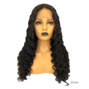 Long black curly wig on a mannequin head.