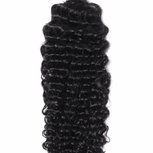 Curly black hair extension with tight ringlets.