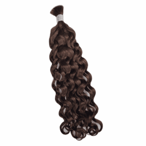A bundle of dark brown curly hair extensions.