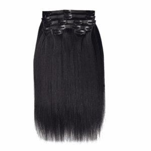 Black straight hair extensions with clip-in attachments.