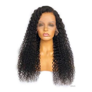 Curly black wig displayed on a mannequin head.