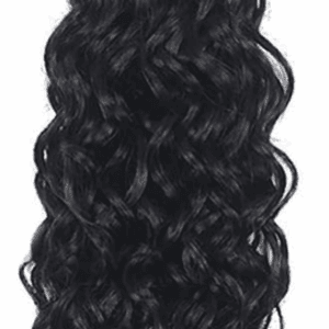 Long, shiny black curly hair strands.