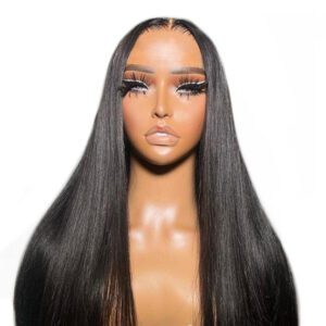 Mannequin head with long, straight black hair and styled eyelashes.