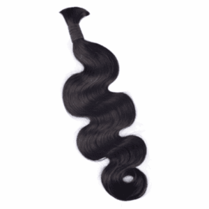 A bundle of shiny, wavy black hair extension.