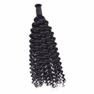 A bundle of tightly coiled, curly black hair extensions.