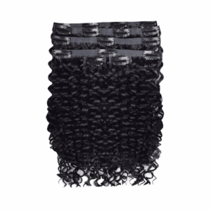 Curly black hair extensions neatly arranged in bundles.