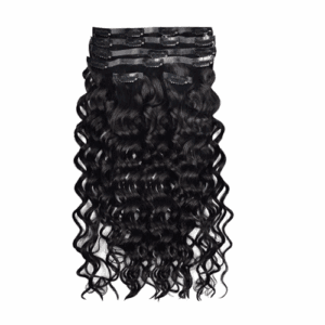 Curly black hair extension piece with a shiny texture.
