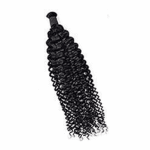 Bundle of tightly coiled curly black hair extensions.