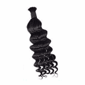 A bundle of dark, wavy hair extensions with curls at the bottom.