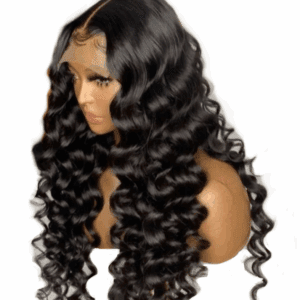 Long, glossy black wavy hair on a mannequin head.