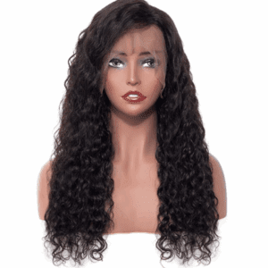 Long curly black wig on a mannequin head.