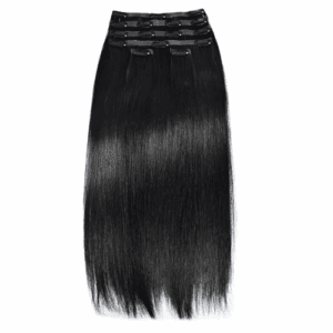 Straight black clip-in hair extensions with a smooth finish.
