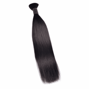 A bundle of long, straight black hair extensions.