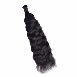 A bundle of black, wavy hair extension.