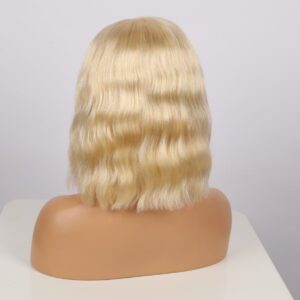 Blonde wavy bob hairstyle on a mannequin head.